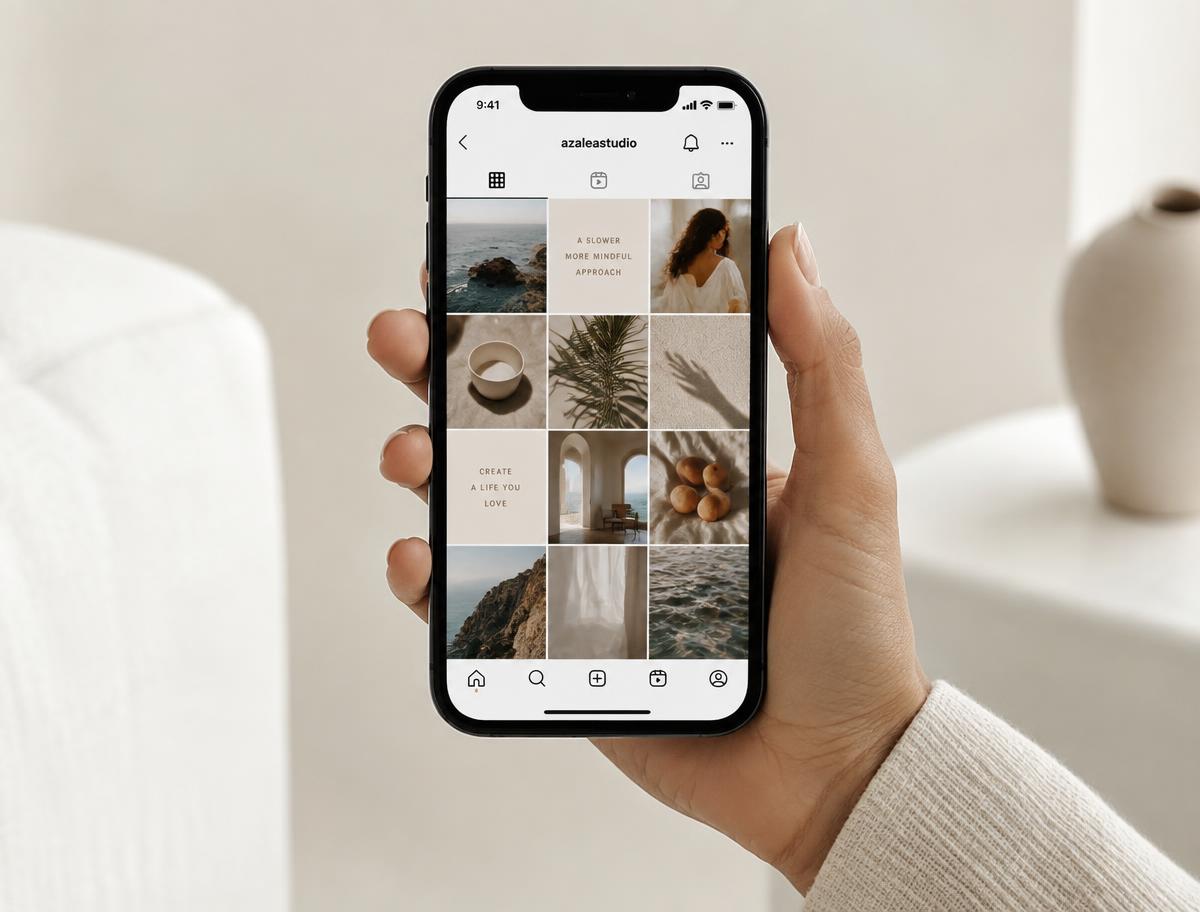 A phone showing a curated social media content grid